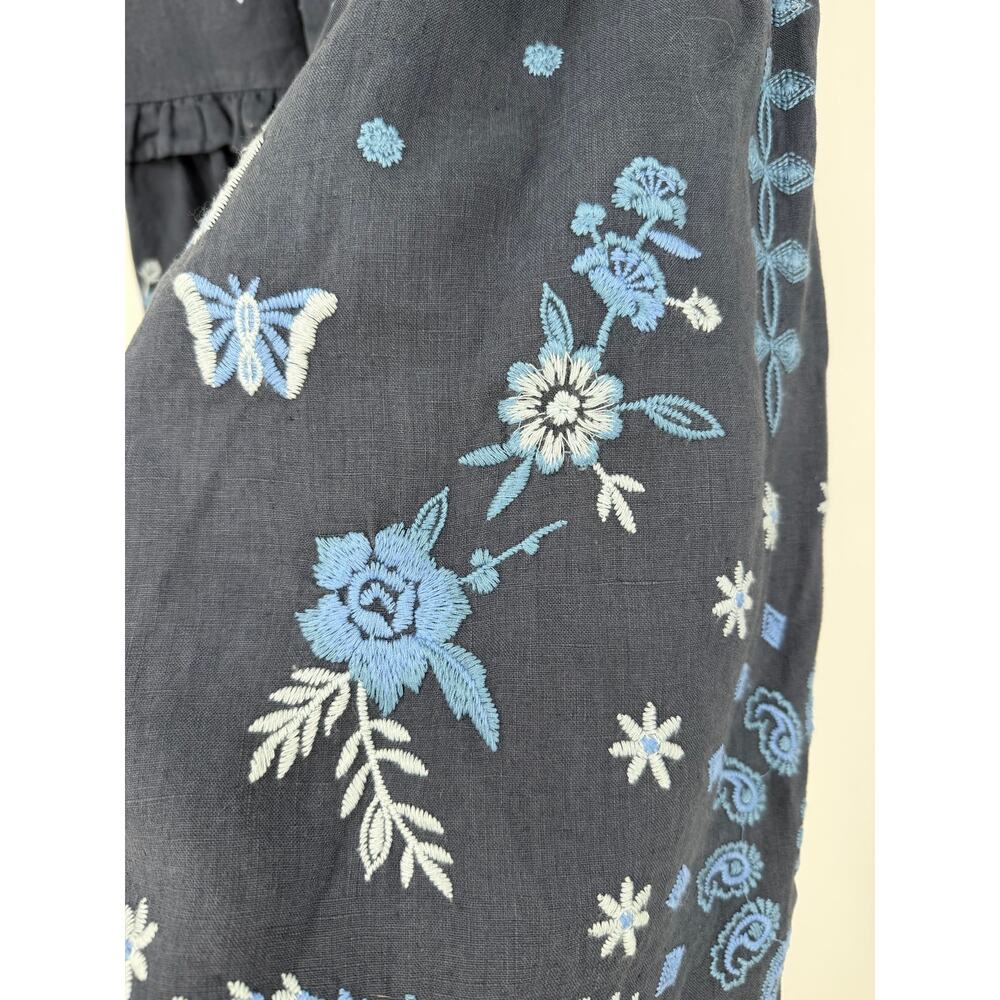 JOHNNY WAS Nico Ruffle Tiered Midi Skirt Womens XS Blue Linen Embroidered Boho - Picture 6 of 13
